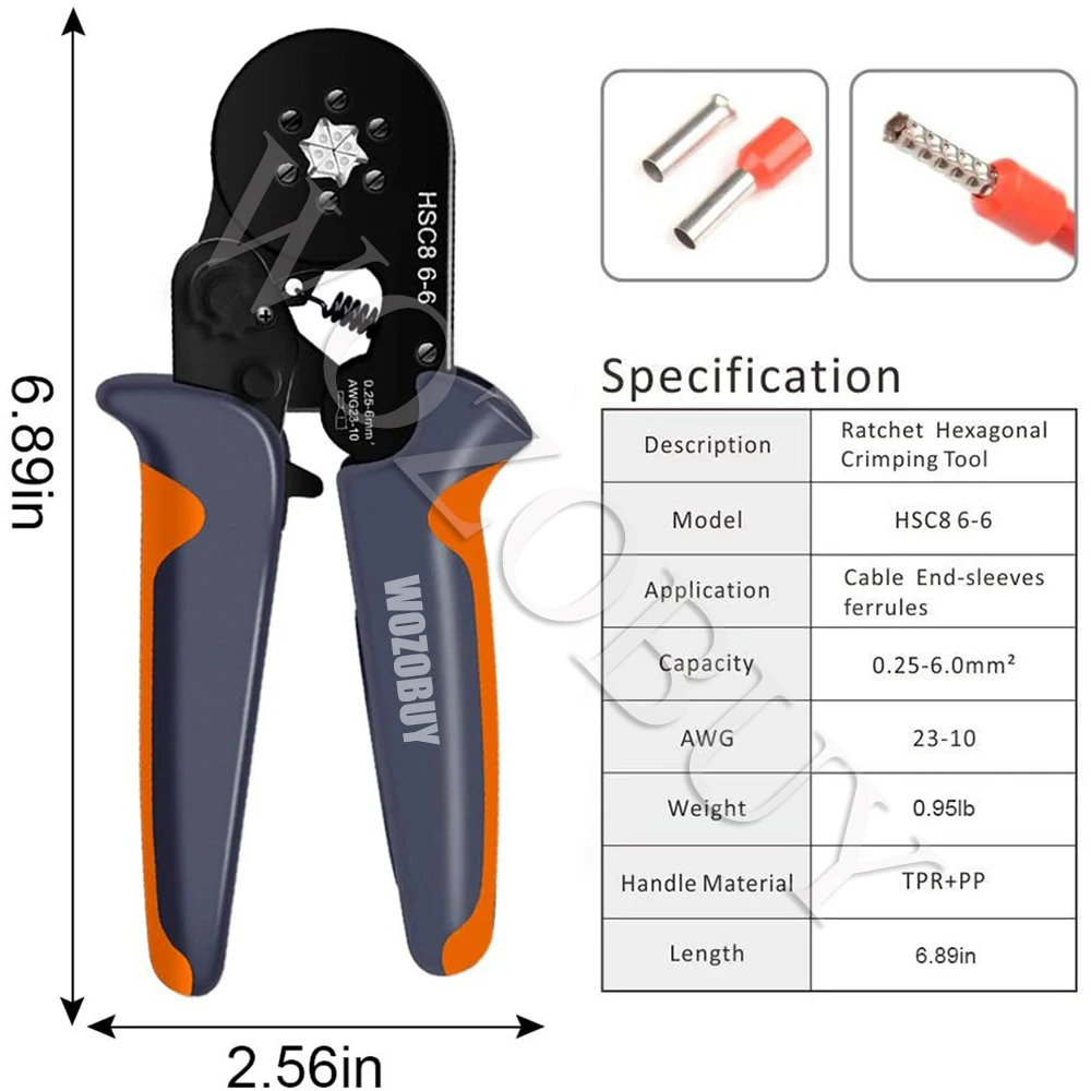 HSC8 6-6/6-4 Ferrule Crimping Tool Kit, WOZOBUY Sawtooth Self-Adjustable Ratchet Crimper Kit or Wire Terminals or Single Clamp