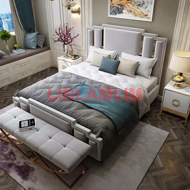 

Linlamlim fabric cloth rectangel BED frame camas genuine leather bed кровать двуспальная cama سرير lit 2 personnes cama de casal