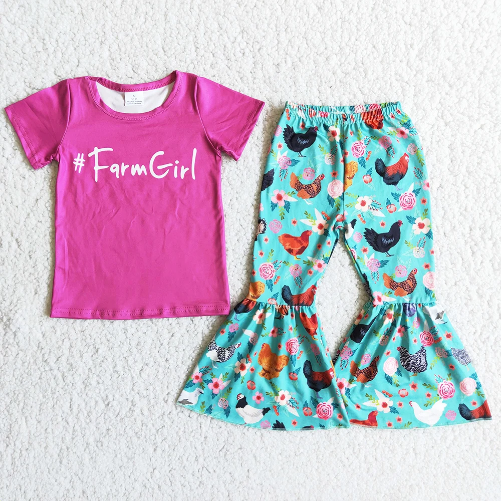 Wholesale Baby Girl Clothes Chicken Farm Boutique Kids Clothing Short Sleeve T-shirt Bell Pants Set Toddler Baby Outfits