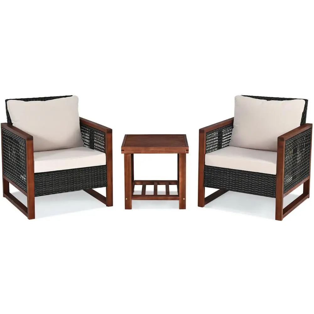 3PCS Patio Wicker Furniture Set Solid Wood Frame Cushion Sofa Square Table Shelf HW65227