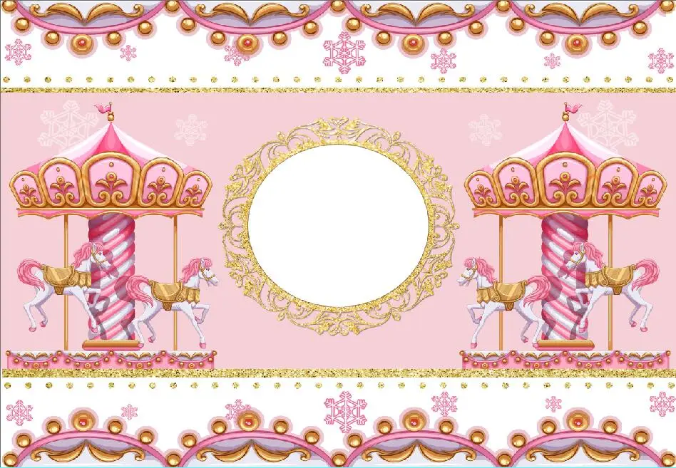 7x5FT  Pink Carousel Carrousel Merry Go Round Horse Happy Birthday Custom Photo Studio Backdrop Background Vinyl 220cm x 150cm