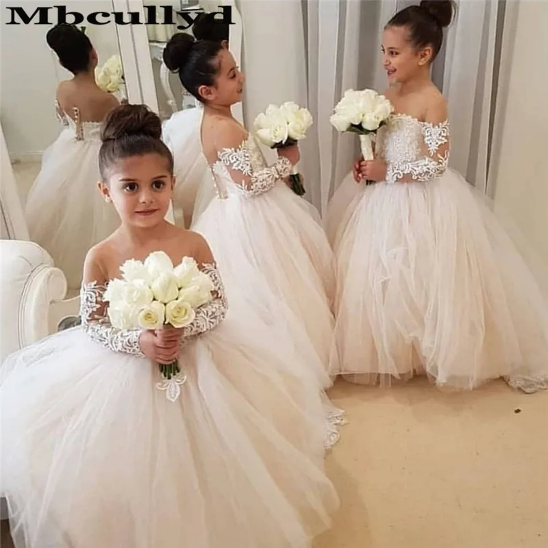 Mbcullyd Boat Neck Flower Girl Dresses For Weddings 2023 Lace Applique Primera Comunion Gowns Long Sleeves Birthday Dress