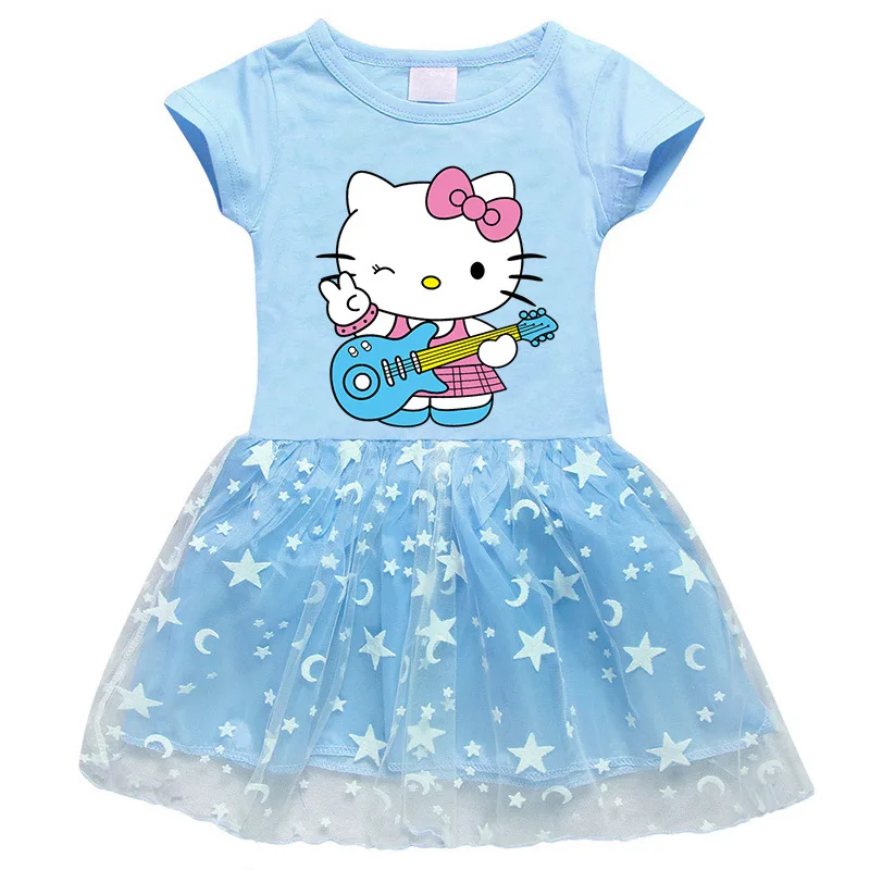 Hello Kitty Children\'s Clothing  Pure Cotton Fashion Princess Skirt Girls Cartoon Printed Net Yarn Short-Sleeved Pleated Dress