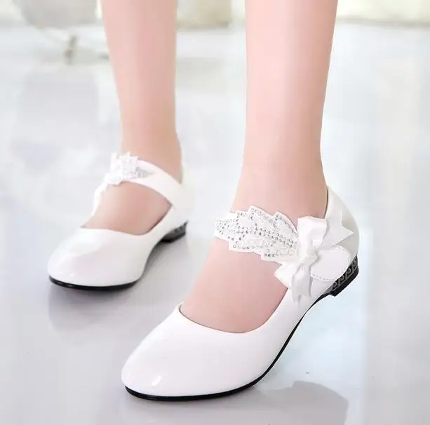 Princess Bow Rhinestone Children Shoes White Black Leather Shoes For Girls Zapatos Ninas Party Wedding Girls Heel Shoes