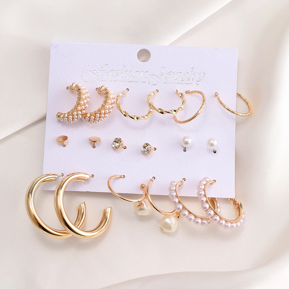 FNIO 2021 Fashion Gold Color Hoop Earrings Set Women Geometirc Pearl Earrings Metal Circle Punk Earring Female Fashion Jewelry