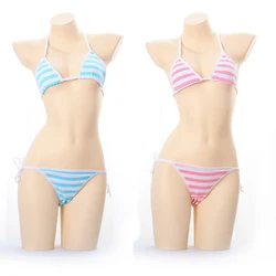 Japanese Lolita Kawaii Sexy Lingerie Set Blue Pink White Striped Bra Set Adult Women Cosplay Erotic Costumes Underwear