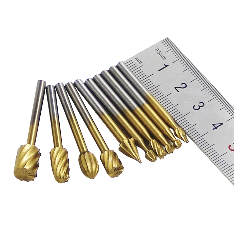 10pcs 1/8'' Shank Titanium HSS Steel Rotary burrs Cutter Engraving Grinding Bit For Rotary file cutter Tools woodworking DIY
