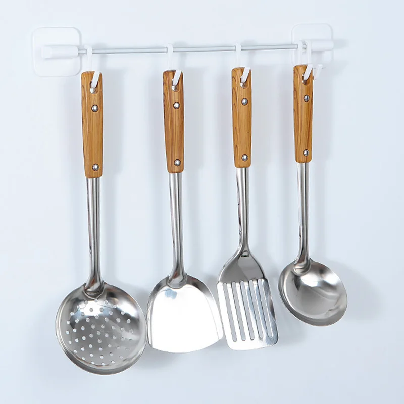

Jaswehome 5pcs Stainless Steel Cooking Utensil Sets Wooden Wok Spatula Soup Spoon Skimmer Ladle Pancake Turner Kitchen Tool Set