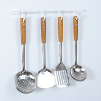 Jaswehome 5pcs Stainless Steel Cooking Utensil Sets Wooden Wok Spatula Soup Spoon Skimmer Ladle Pancake Turner Kitchen Tool Set