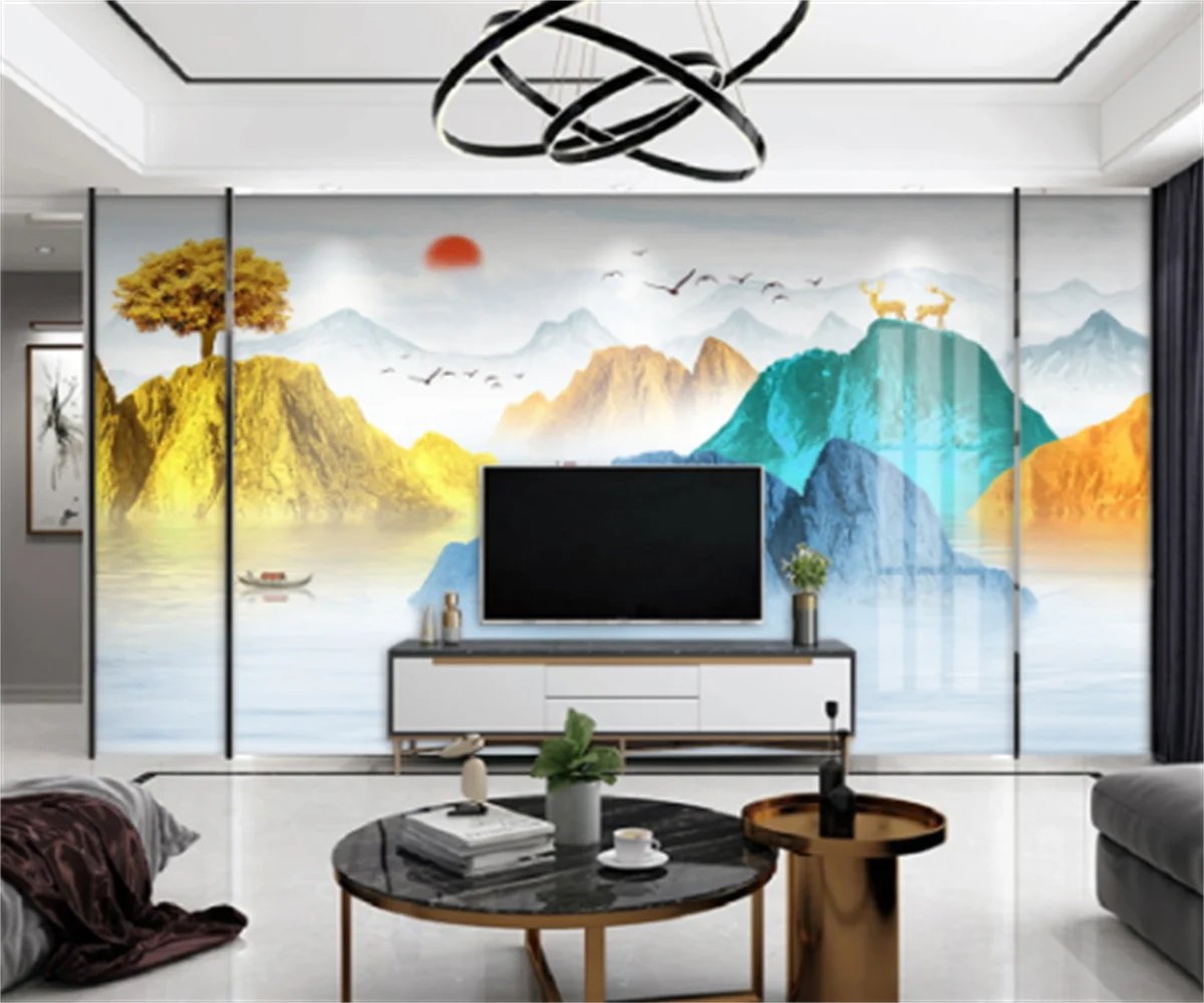 Customized New Chinese Abstract Artistic  Conception Flowing Water Makes Money Golden TV Sofa Background Wall Sticker 3d  Mural