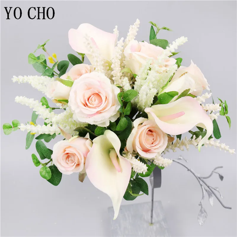 YO CHO สีชมพู Rose Calla Lily ช่อดอกไม้ Handmade เจ้าสาว Wedding Bouquet ดอกไม้ Home Party Decor ใหม่ล่าสุดออกแบบอุปกรณ์จัดงานแต่งงาน