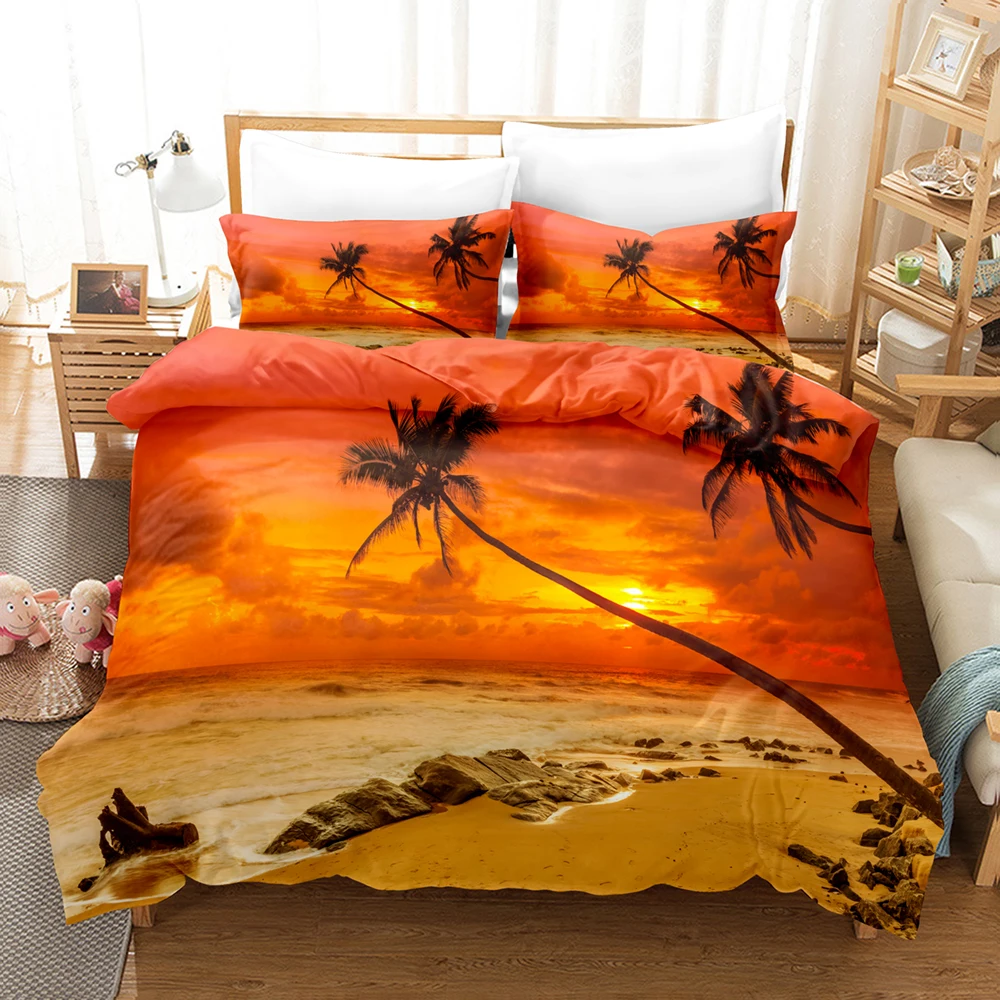 Sunset Bedding Set Spain Majorca View Duvet Cover Set Natural Scenery Bed Cover Beautiful Landscape Bread Full Size Bedding