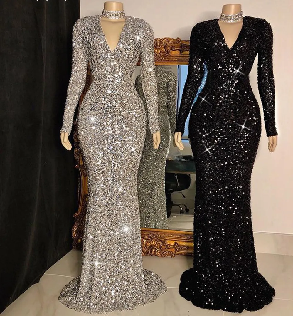 Mermaid Style Sequin Prom Dresses 2024 V-neck Long Sleeve African Women Black Girl Evening Party Gowns Robe De Soriee