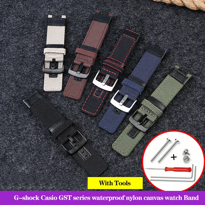 Nylon Canvas Leather Watchband For G-shock Casio GST-B100/S130/S100G/W300G/W330/400G/410 GST-W120L/S120/W130L/S110 Mens Strap