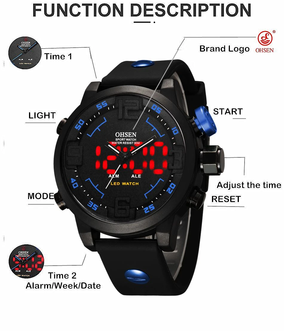 OHSEN Fashion Outdoor Sport Watch Men Multi function 5 Bar Waterproof Military Red Digital Wristwatches Clock Relogio Masculino