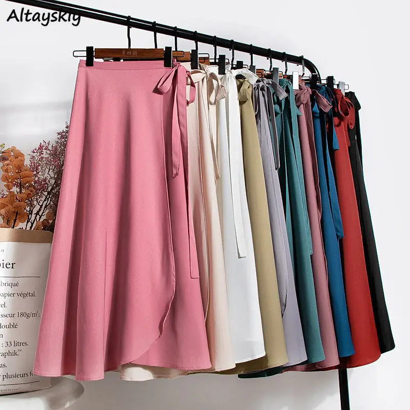 

Skirts Women Tender Charm Daily Pure Chiffon Ulzzang Side-slit College Elegant Simple Clothing Summer Leisure Artistic Lace-Up