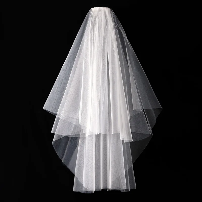 Marfim Bridal Veil com duas camadas, tule, casamento, pente, acessórios, curto, branco