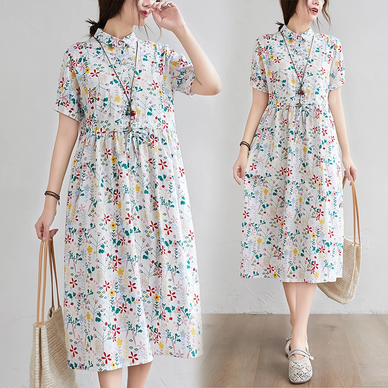 Print Floral Prairie Chic Travel Casual Dress 2024 New Arrival Short Sleeve Loose Summer Dress Women Vintage Work Midi Dress