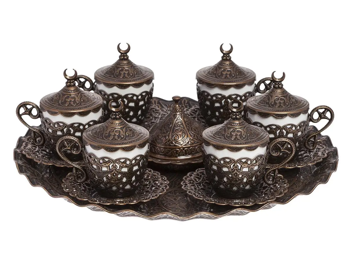 LaModaHome Moon Antique Copper Espresso Coffee Cup with Saucer Holder Lid Tray and Delight Bowl Set of 6, porcelain Turkish Arab