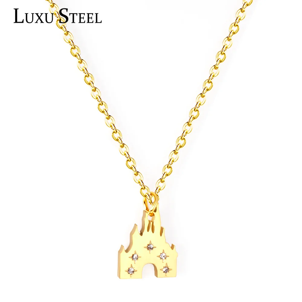 LUXUSTEEL Golden Color Castle Cubic Zirconia Pendant Necklace Women Trendy Stainless Steel Chain Necklace Collars Wedding Party