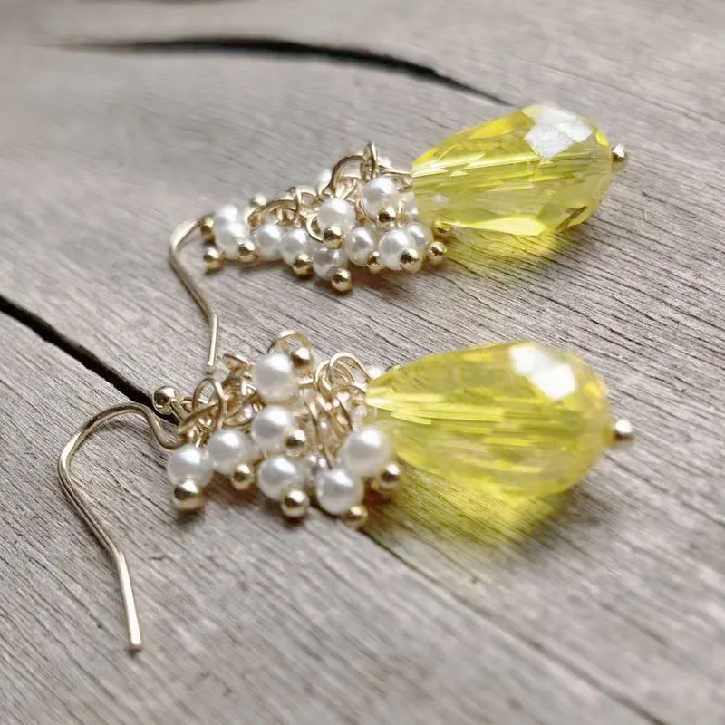 Yellow Gemstone Pearl Earrings Aquamarine Earrings Silver Pearls Earrings