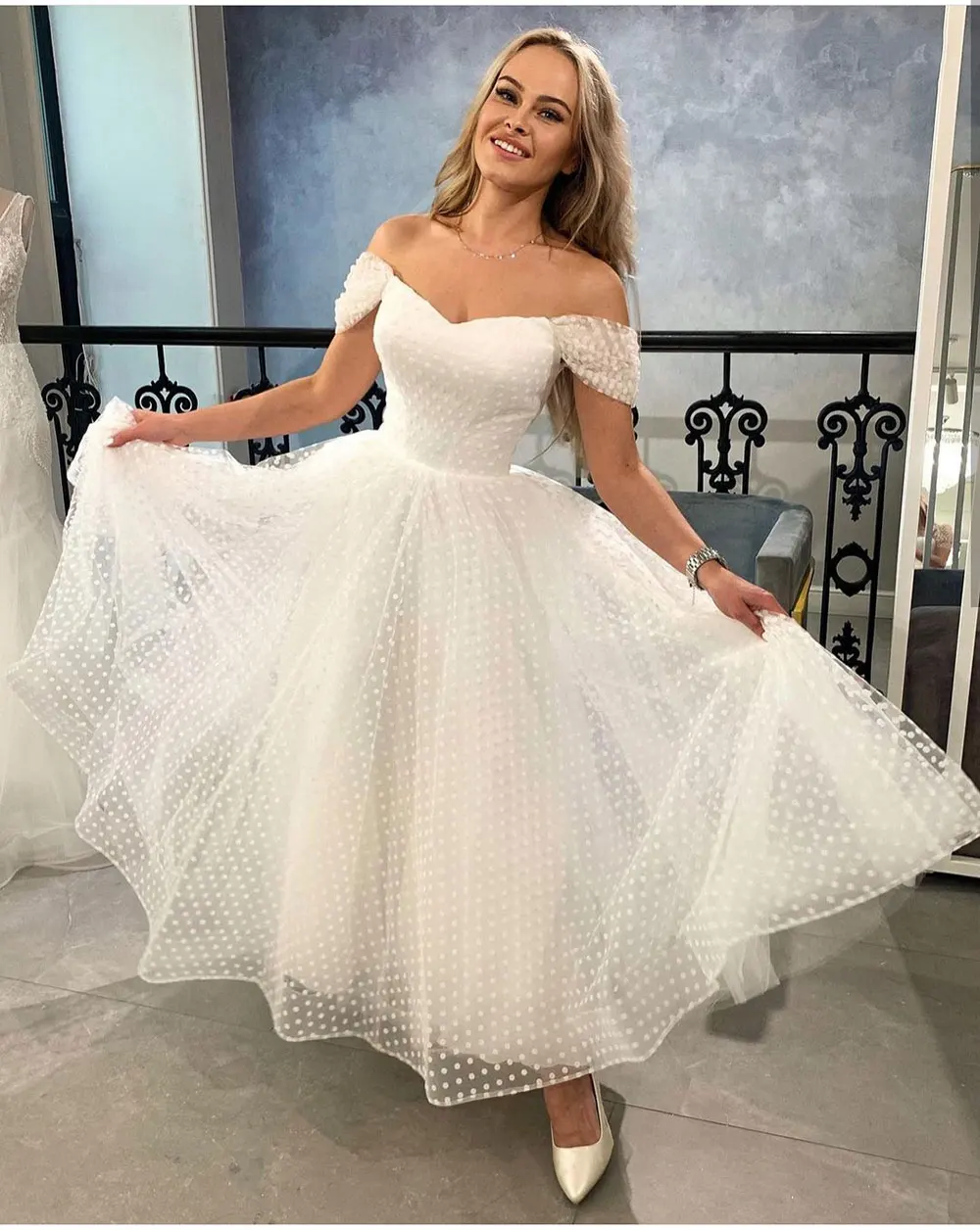 Eenvoudige Een Lijn Korte Trouwjurk 2021 Off De Schouder Dot Tule Bruidsjurk Enkellange Goedkope Custom Made Vestidos de Novia