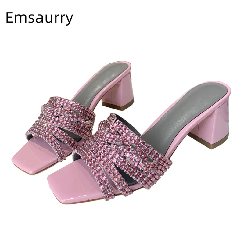 

New Design Square Open Toe Crystal Lady Mules Med Heel Bright Real Leather Sexy Cut Out Rhinestone Summer Slippers Women