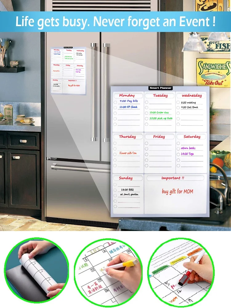 Flexible Dry-Erase Magnetic Whiteboard for Fridge Calendar Panner Organizer for Refrigerator Kitchen Weekly Meal Planner Board