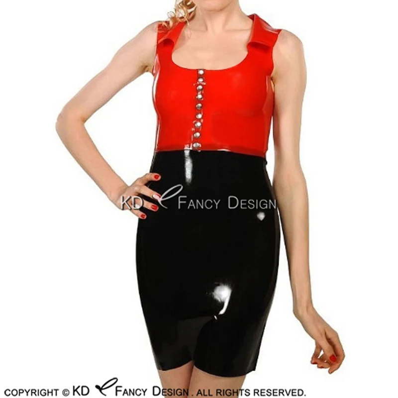 Red And Black Sexy Latex Dress With Turn Down Collar Buttons Decoration Rubber Playsuits LYQ-0175