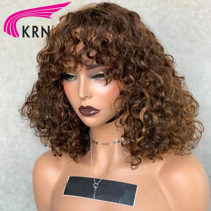 Wig Buatan Mesin Sepenuhnya Keriting Gelap dengan Poni 180% Wig Rambut Manusia untuk Wanita Rambut Remy Brasil Tanpa Lem Warna Coklat