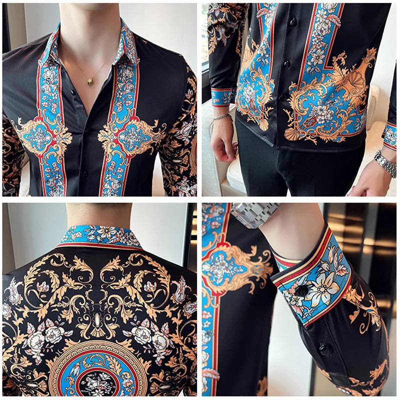 Brand Designer Men Floral Shirt Dress Luxury Paisley Print Long Sleeve Casual Shirts Blouse Homme Fashion Baroque Mens Clothing