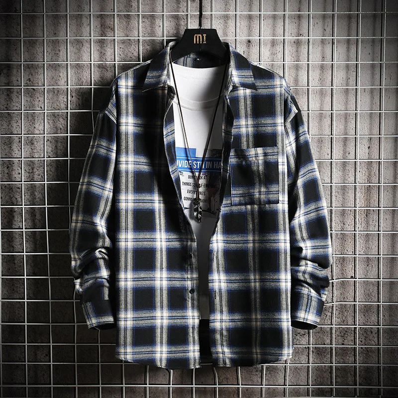 2021 Autumn Shirt Men's Dark Gradient Plaid Lapel Long-sleeve Shirt Men's Loose Fashion Versatile Shirts Male Drop Ship