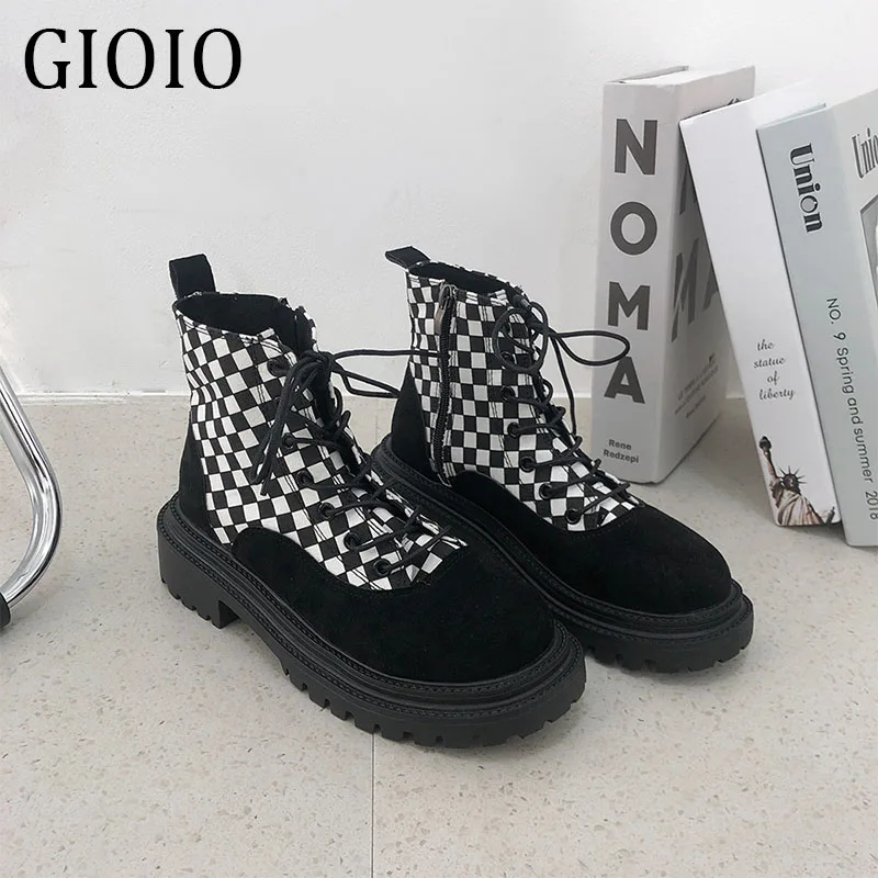 Gioio Snow Boots Women's Checkered Short-tube Short Boots British style Women's Cotton Shoes Plus velvet thick Snow Boots