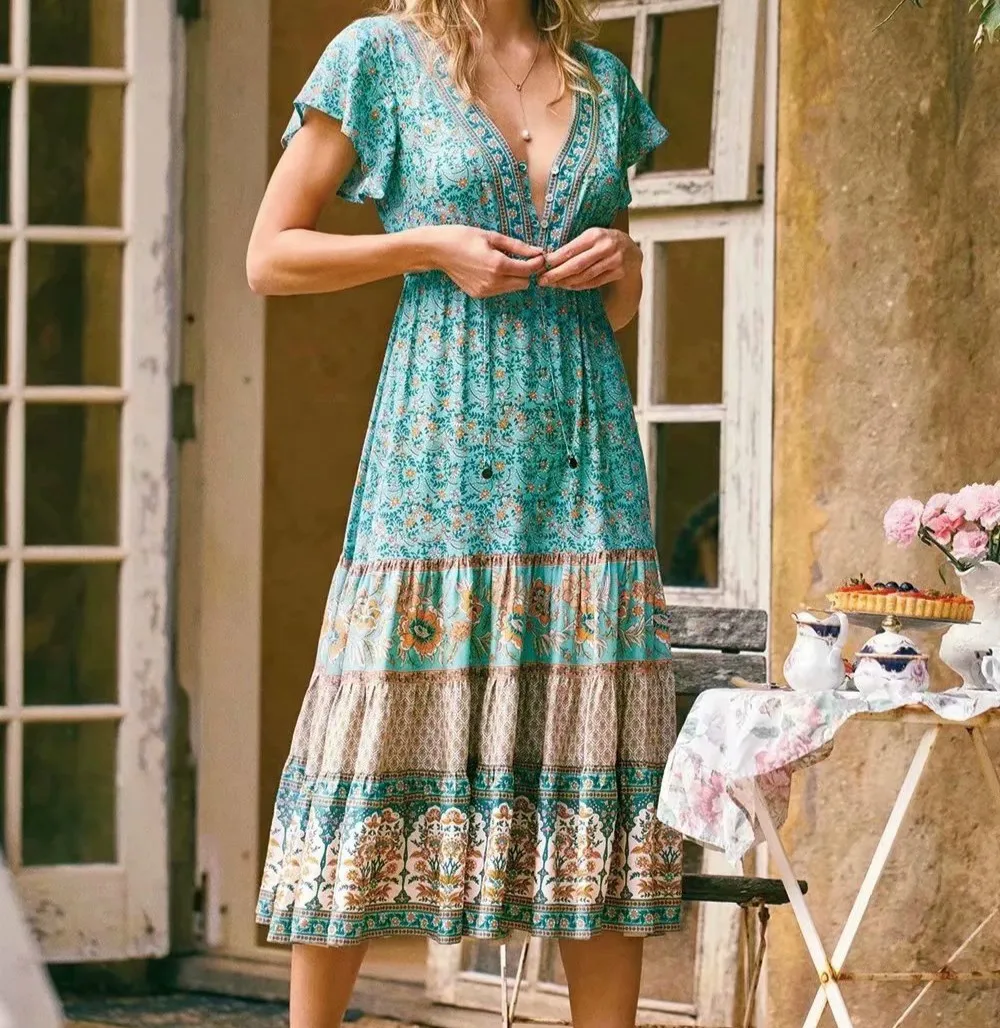 TEELYNN ściągany sznurkiem w pasie sukienki midi damska suknia w stylu vintage bawełna kwiatowy Print Casual długa letnia sukienka dekolt boho plaża