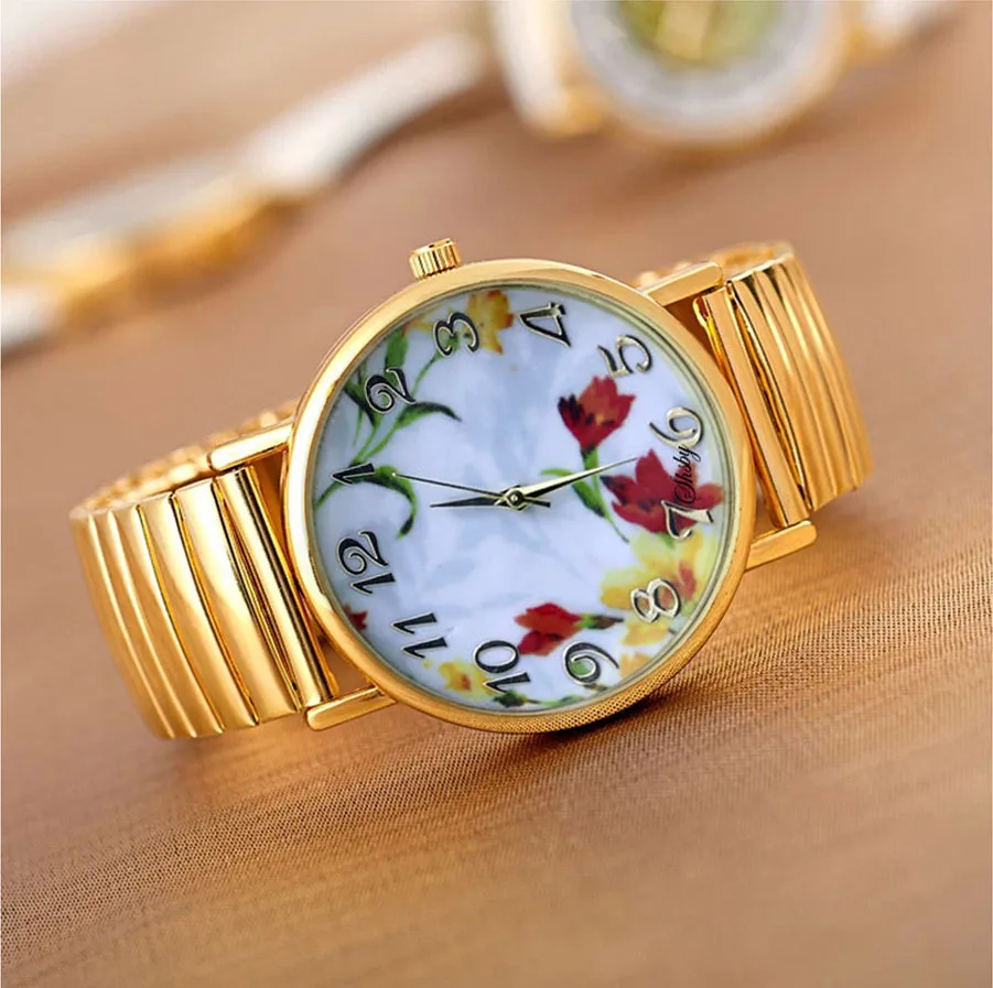 Shsby Hot Sale  High Quality Gold Elastic Stainless Watches Women Dress Quartz Wristwatch New Arrival Ladies Flower Watches