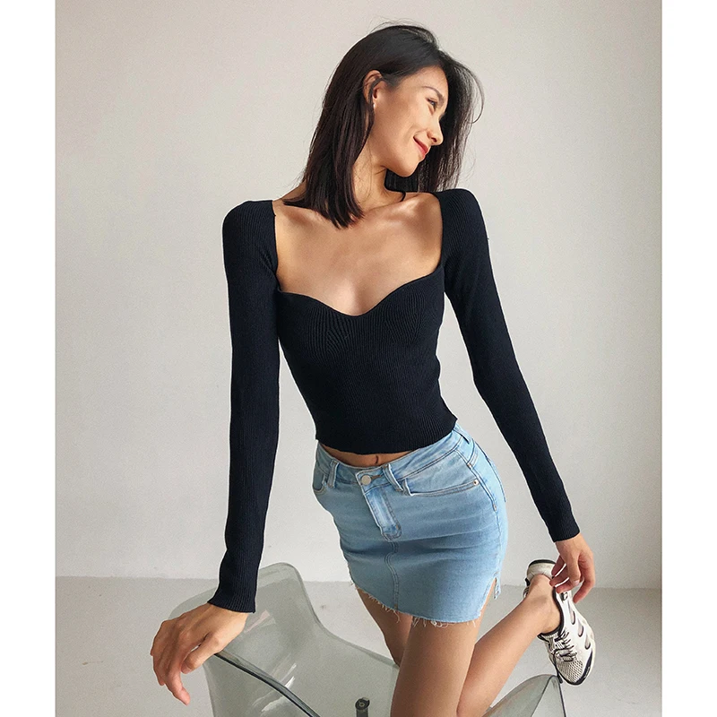 Autumn Knitted Sweaters Women Low-Cut V-Neck Cropped Sexy Bottoming Slim Fit Pullovers Women 2021 Solid Knitwear Female Jumper