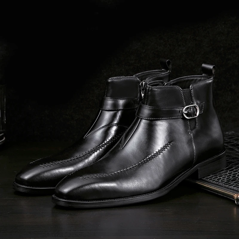 

Retro Chelsea Punk Style Genuine Leather Men Ankle Boots Pointed Toe Mens Military Cowboy Boots High Top Buckles Botas Hombre