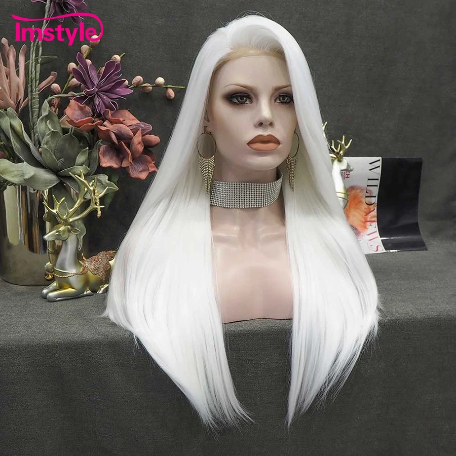 Imstyle Wig sintetis lurus renda depan, Wig Cosplay renda panjang serat tahan panas, Wig lurus sintetis untuk wanita