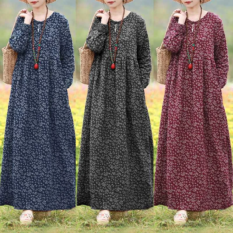 ZANZEA Vintage Autumn Floral Printed Sundress Women Bohemian O Neck Long Sleeve Maxi Dress Spring Party Vestido Baggy