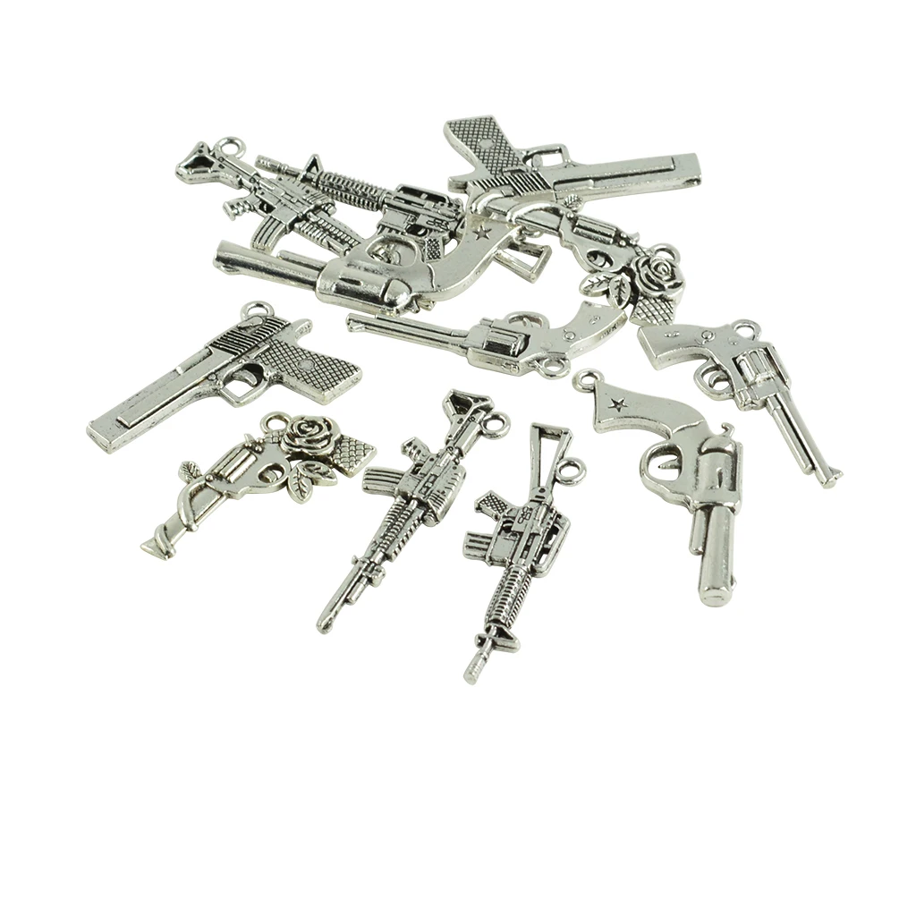12 pcs Assorted Styles of Antique Silver Gun Pistol Charms