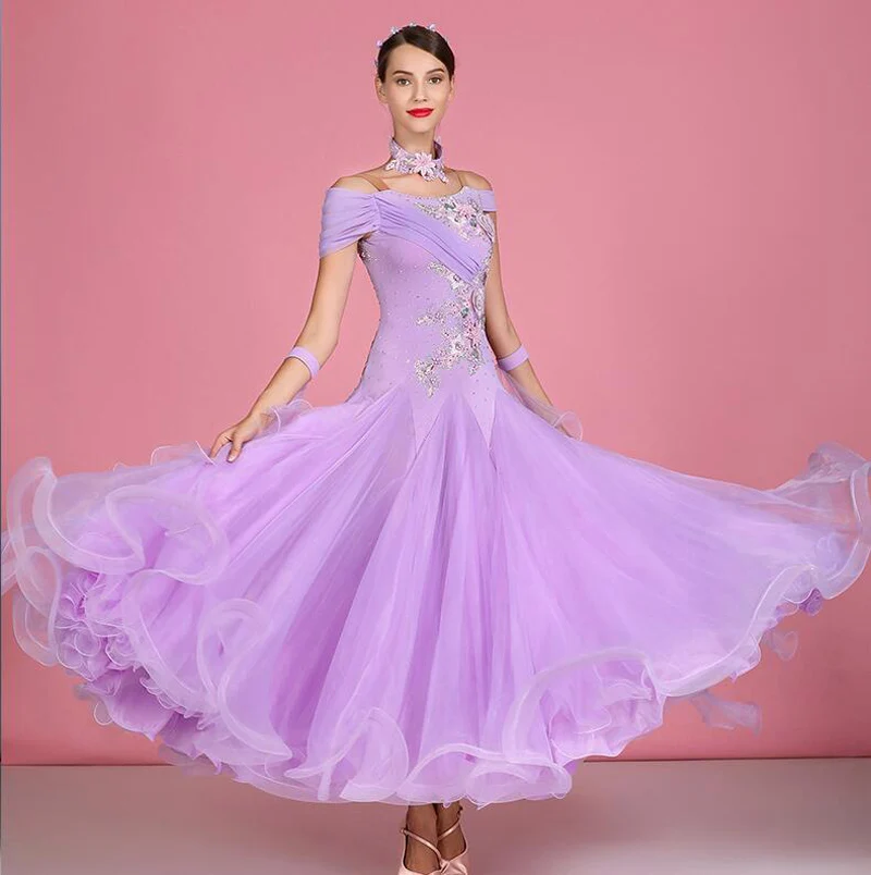 Purple Ballroom Dance Dress Adult New Modern Waltz Dancing Skirt Short Sleeve Standard Ballroom Dance Dresses Women