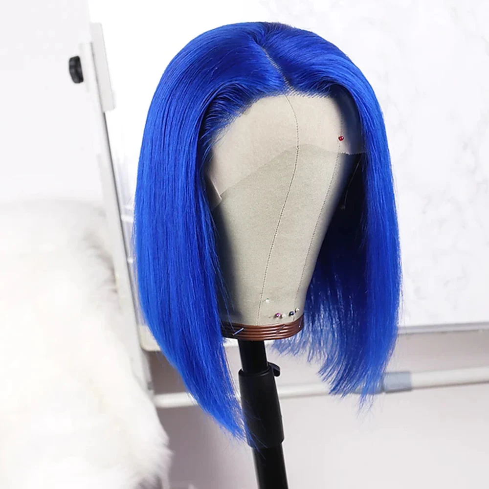 150% densidade novo design feminino adorável juventude curto cabelo humano peruca de renda azul bob estilo perucas para mulher branca