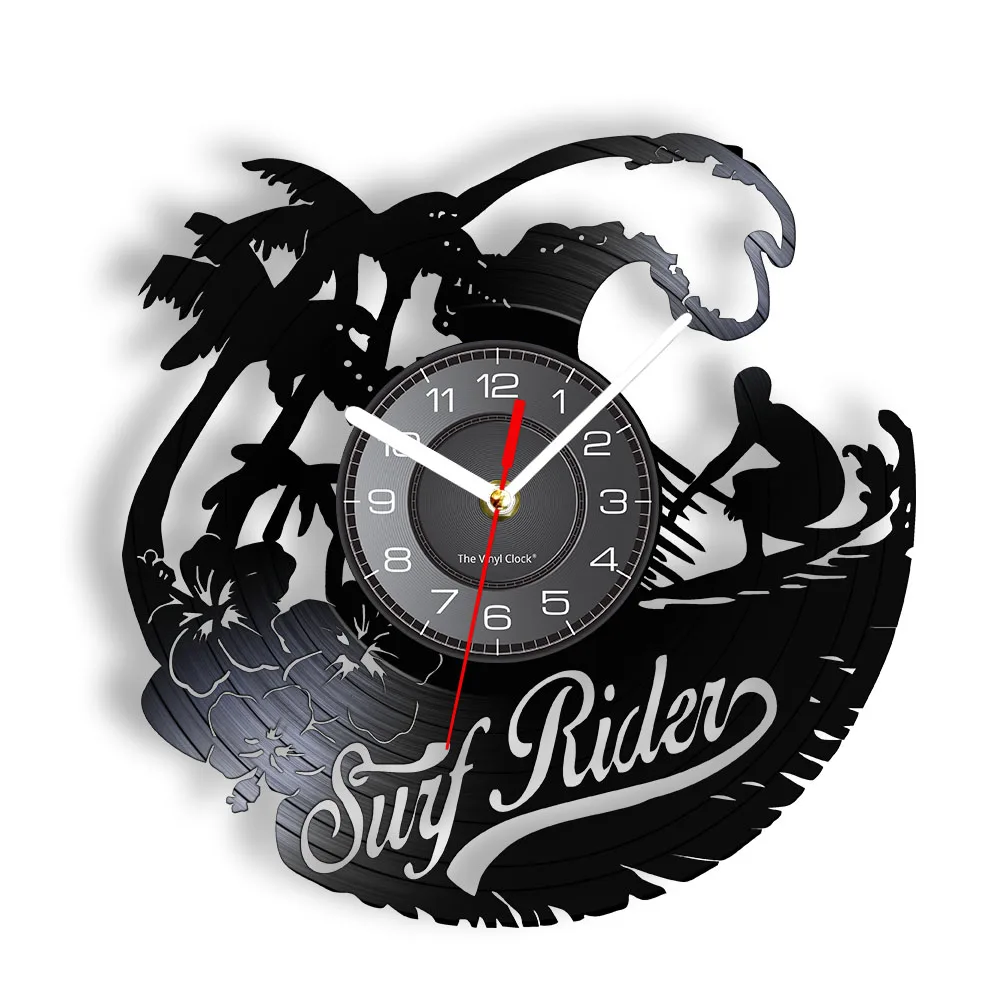 Surf Rider Vinyl LP Record Wall Clock Surfboard Summer Coastal Surf Beach Craft Disk Decor Wave Rider Mave Hanging Cool Watch