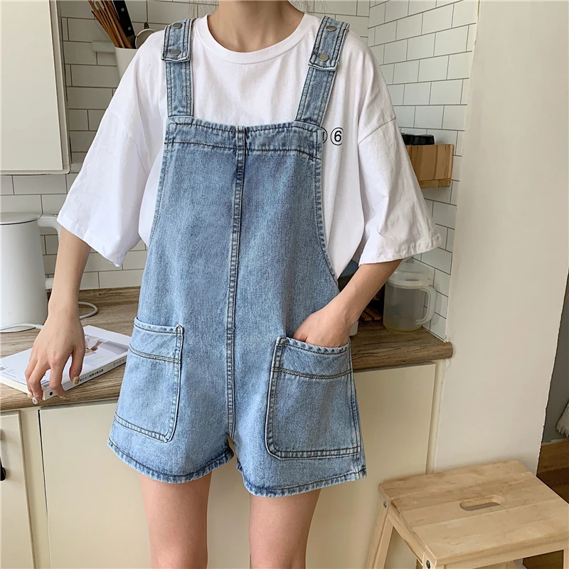 Mùa Hè Cao Cấp Quần Short Denim Nữ Áo Liền Quần Retro Hàn Quốc Tumblr Quần Jumpsuit Liền Quần Nữ Dáng Rộng Denim Treo Áo