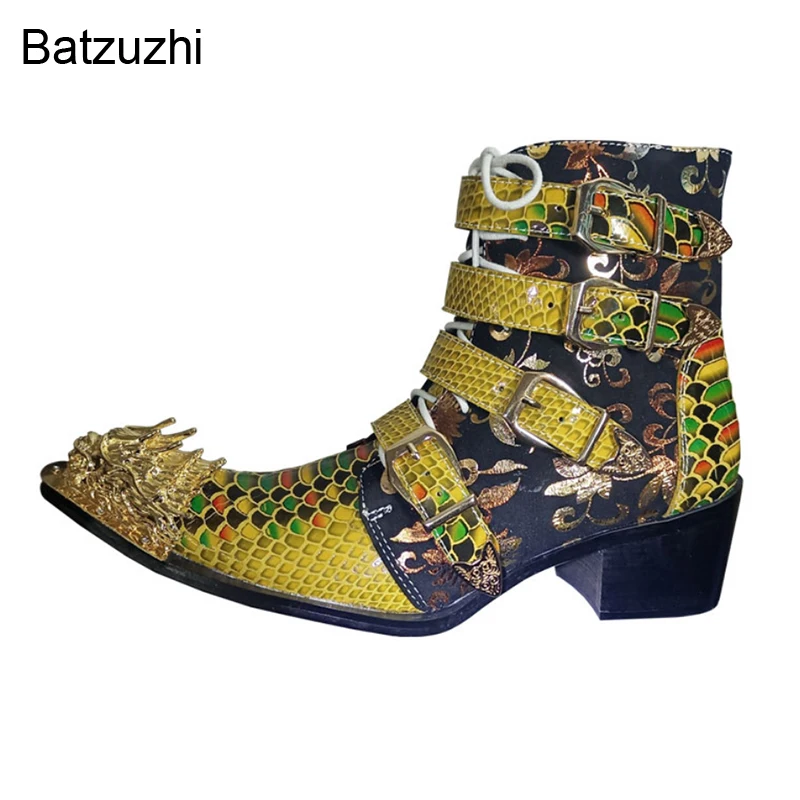 Batzuzhi Luxury Handmade Men's Boots Fashion Metal Toe Golden Leather Ankle Boots Men Buckles Lace-up Punk Biking Boots for Men