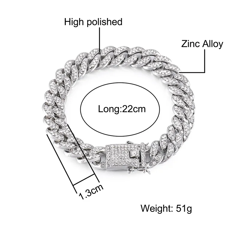 High-Quality  51g Hip Hop Full AAA Stone Bling Iced Out Pave Men\'s Bracelet Miami Cuban Link Chain Bracelets for Men Jewelry