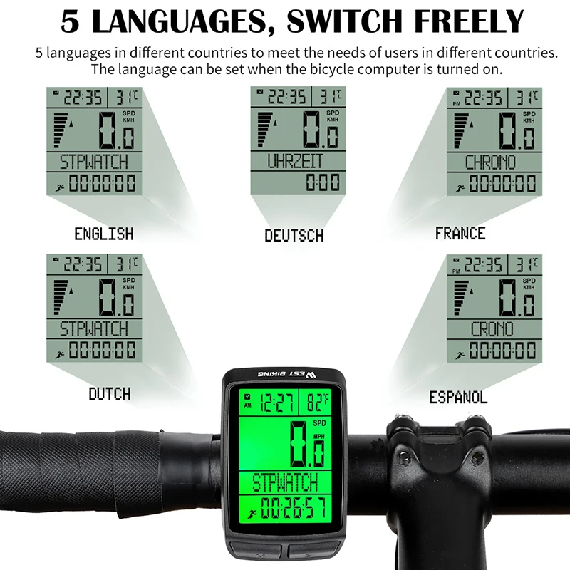 WEST BIKING Bicycle Computer 5 Language Waterproof Speedometer LED Backlight Odometer MTB Road Bike Stopwatch Bike Accessories