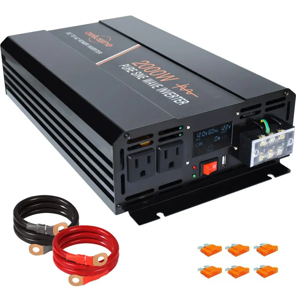 2000w Pure Sine Wave Inverter 12v DC to AC120v Off Grid Solar Power Inverter Car Battery Home Use Converter LCD Dispaly