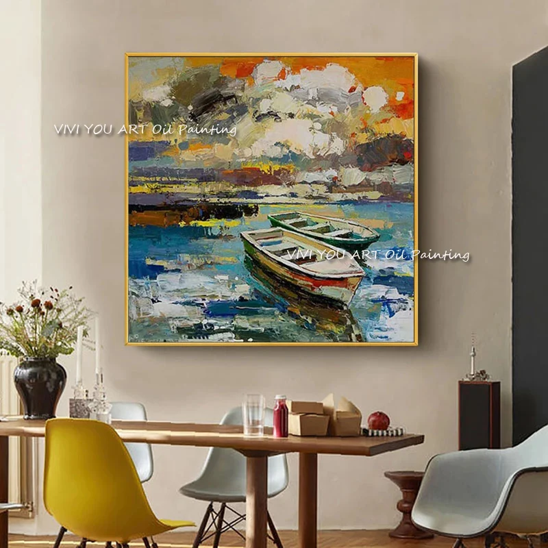 Original Handmade Textured Oil Canvas, Vintage Lake Boat Landscape Large Square Wall Art Nautical Home Decor