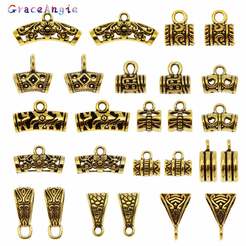 GraceAngie 20/26PCS Bail Beads Charms Antique Gold Color Tube Spacer Bead European Bracelet Pendant Jewelry Making Accessory